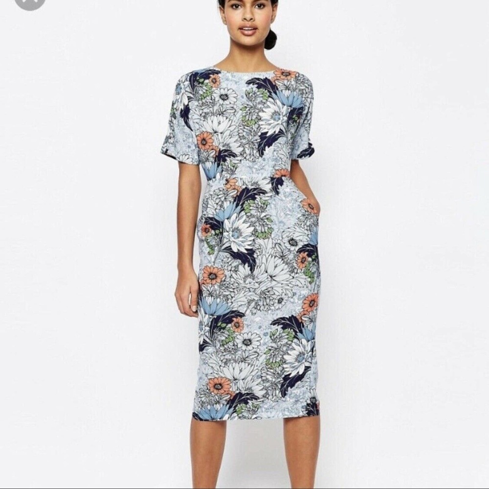 Asos Dress Size 4 Blue Wallpaper Floral Wiggle Midi Pleated Zip Back Pockets